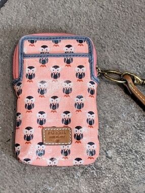 Fossil Owl 🦉 Print Coated Canvas Leather Strap Wristlet Peach/Brown 🤎